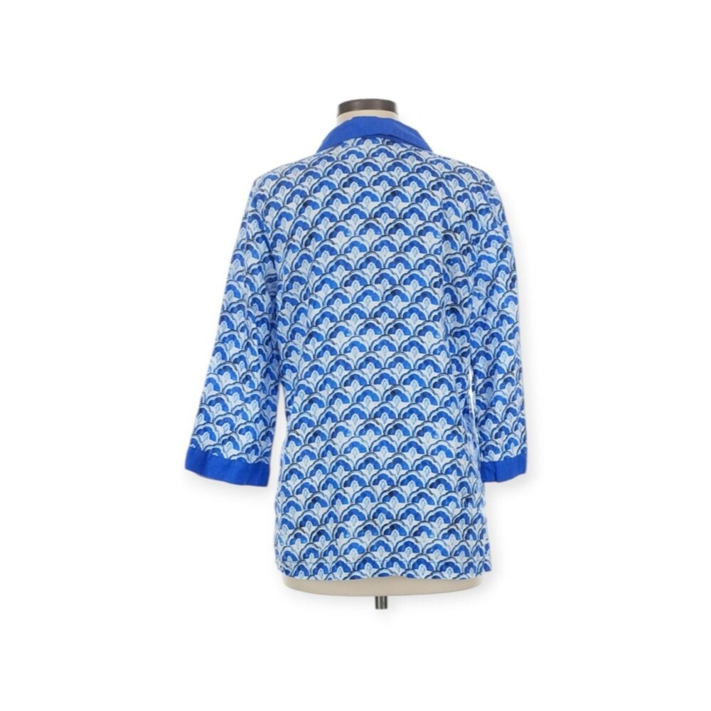 Sigrid Olsen 100% Linen Blue/White Print 3/4 Sleeve Popover Top Blouse Size MED - Picture 3 of 8